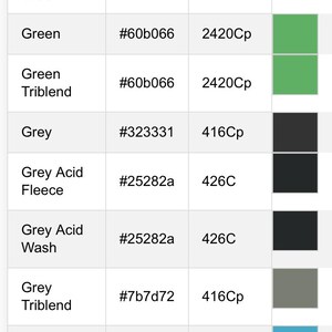 May include: A color chart from Bell-Canvas, displaying various fabric colors with their corresponding hex codes and numerical values. Colors include Granite, Grass Green, Green, Grey, and Heather Aqua. The chart is displayed on a mobile device.