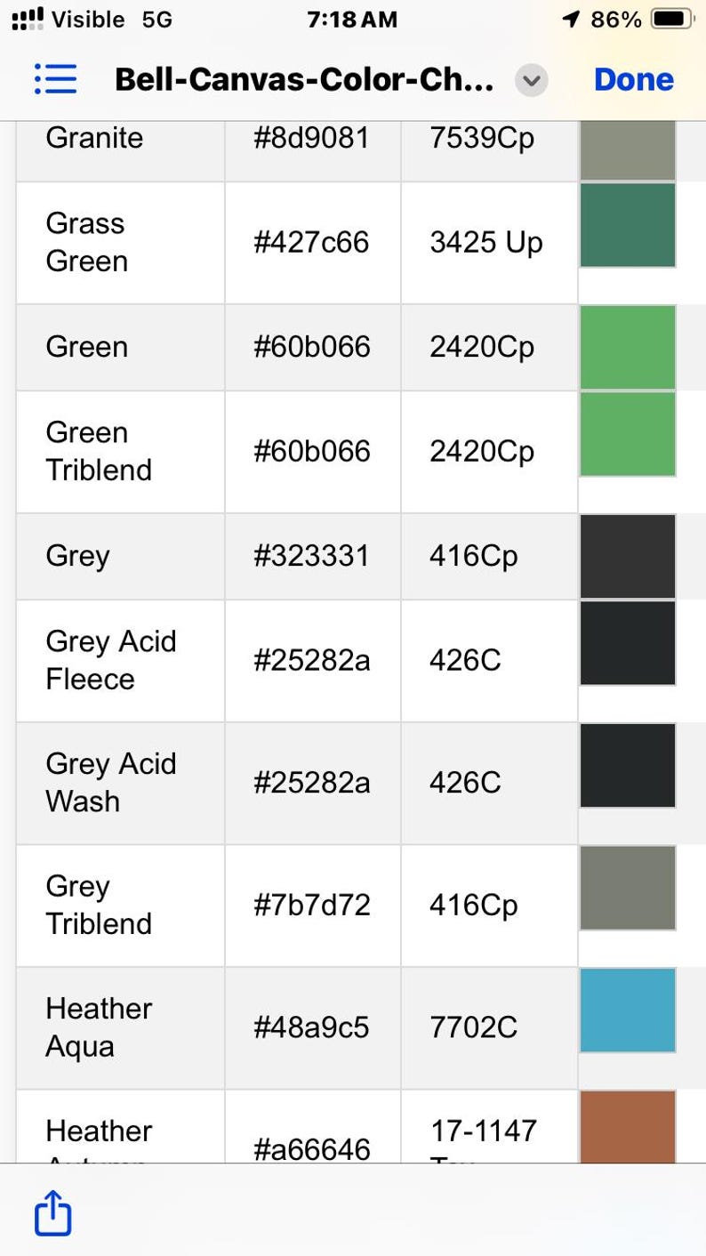 May include: A color chart from Bell-Canvas, displaying various fabric colors with their corresponding hex codes and numerical values. Colors include Granite, Grass Green, Green, Grey, and Heather Aqua. The chart is displayed on a mobile device.