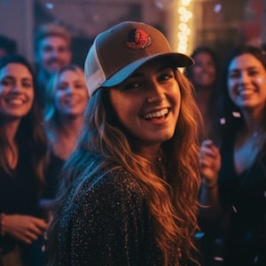 May include: A person wearing a brown and white trucker hat with a logo, smiling in a crowd. The hat has a curved peak and a mesh back. The image also includes the text "STELLAR STYLES AND MORE".