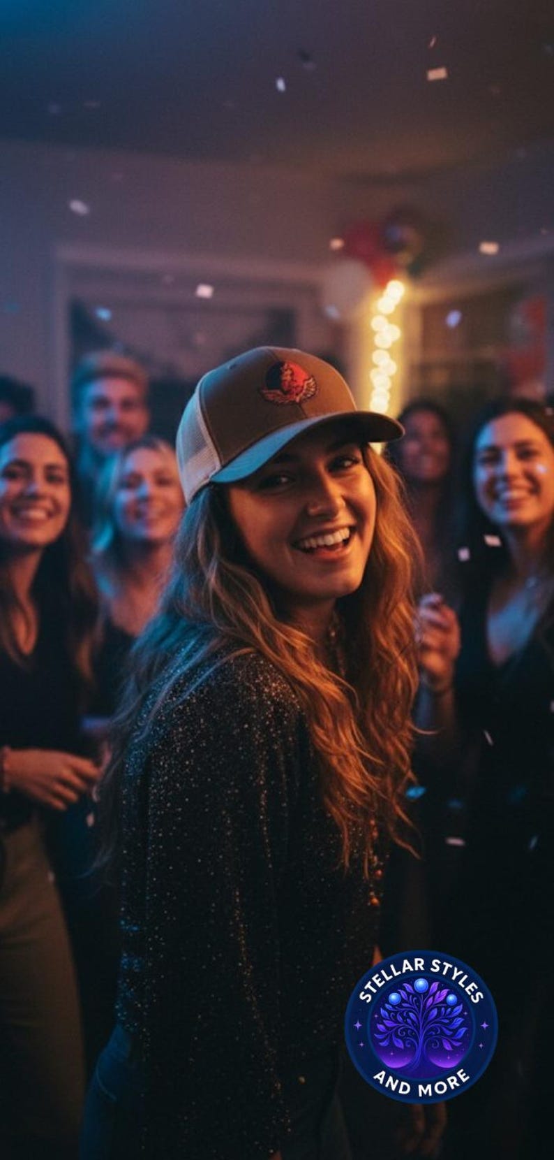 May include: A person wearing a brown and white trucker hat with a logo, smiling in a crowd. The hat has a curved peak and a mesh back. The image also includes the text "STELLAR STYLES AND MORE".