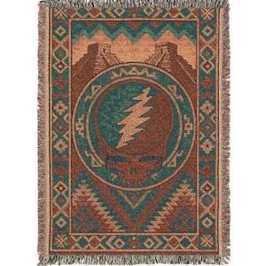 Grateful Dead Aztec Style Woven Blanket Featuring a Steal Your Face Design, Deadhead Gift, Hippie Home Decor