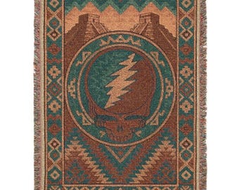 Grateful Dead Aztec Style Woven Blanket Featuring a Steal Your Face Design, Deadhead Gift, Hippie Home Decor