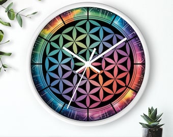 Rainbow Mandala Wall Clock | Sacred Geometry Flower of Life Design | Boho Psychedelic Room Decor