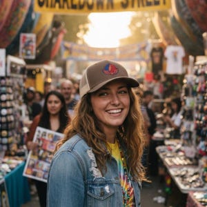 May include: A person smiling, wearing a brown and beige trucker cap with a patch, a denim jacket, and a tie-dye shirt. The background shows a market scene and a banner reading "Shakedown Street".