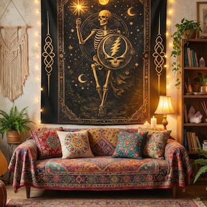 Let There Be Songs to Fill the Air Tapestry | Grateful Dead Tarot Wall Art | Psychedelic Skeleton Design | Celestial Skull Tapestry