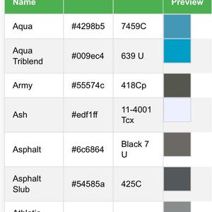 May include: A color chart from Bell-Canvas, displaying color names, hex codes, Pantone values, and color previews. Colors include Aqua, Army, Ash, Asphalt, and Athletic Grey Triblend. The chart is organized in a table format.
