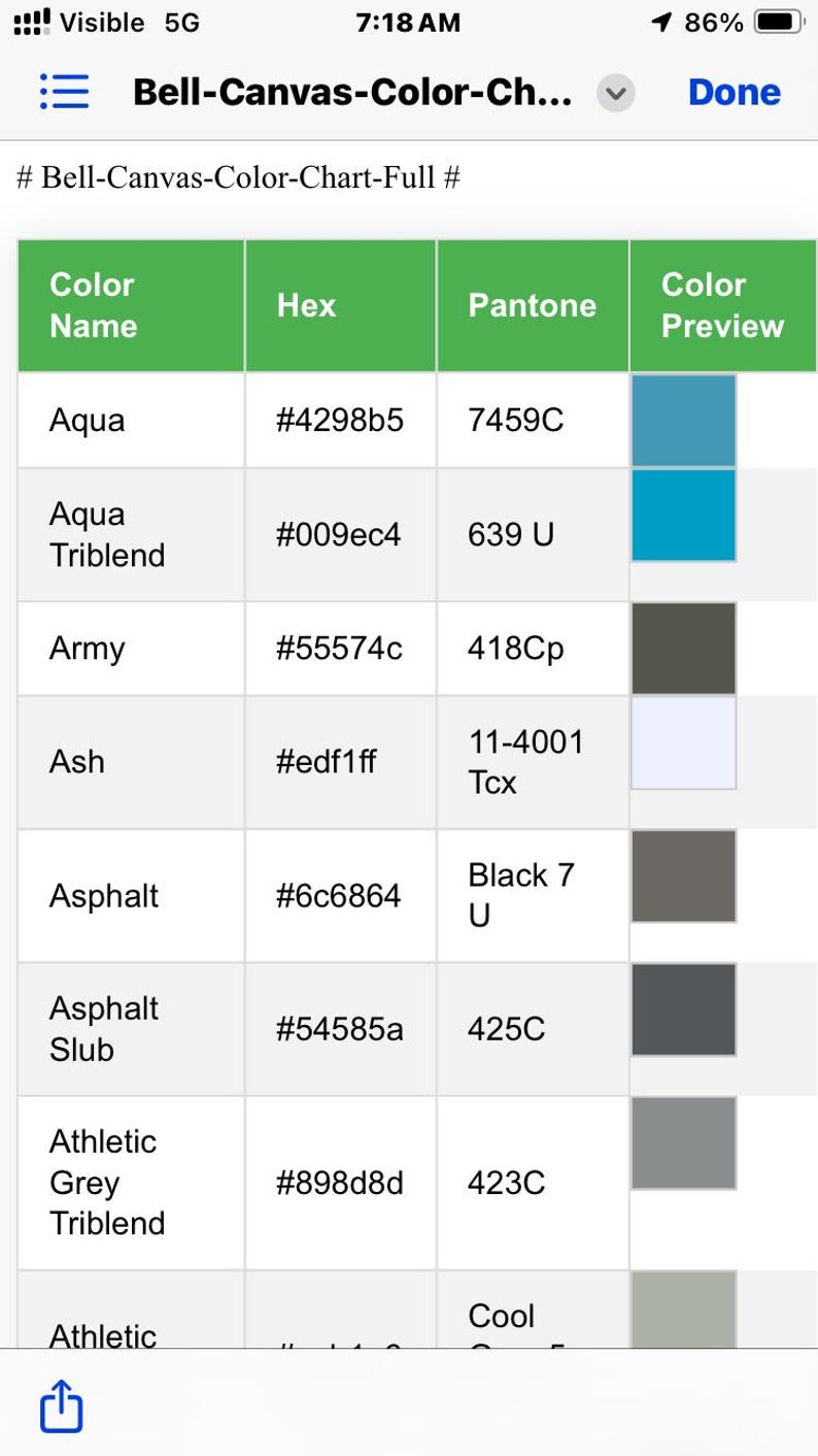 May include: A color chart from Bell-Canvas, displaying color names, hex codes, Pantone values, and color previews. Colors include Aqua, Army, Ash, Asphalt, and Athletic Grey Triblend. The chart is organized in a table format.