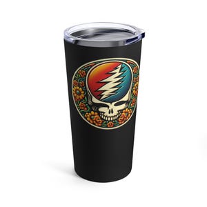 May include: A black stainless steel travel tumbler with a colorful graphic of a skull with a lightning bolt design surrounded by flowers.