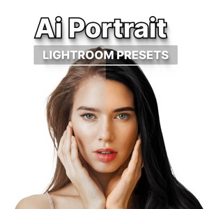 以下が含まれることがあります： 女性のポートレートに Lightroom プリセットを適用した前後の画像です。画像の左側には元の画像が、右側にはプリセットを適用した後の画像が表示されています。画像の上には「Ai Portrait Lightroom Presets」というテキストが表示されています。