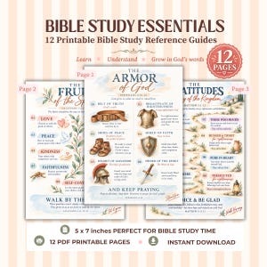 May include: A set of 12 printable Bible study reference guides featuring watercolor illustrations. The central page displays The Armor of God with text and images of a belt, breastplate, shoes, shield, helmet, and sword. Includes 5 x 7 inch pages.