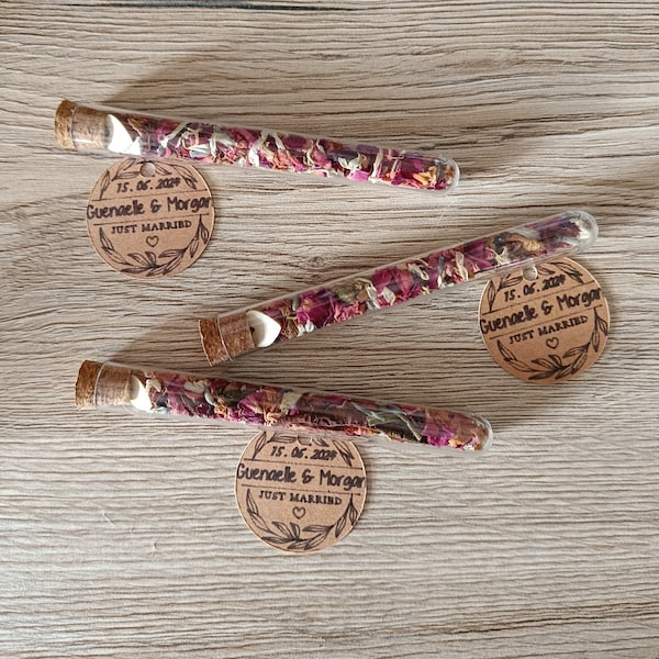 Pink dried flower vials with or without personalized labels