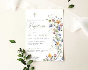 Plantilla de invitación de bautizo con flores silvestres / Invitación con flores silvestres / Cruz religiosa para bautizo y confirmación / Archivo floral de descarga instantánea (CANVA)