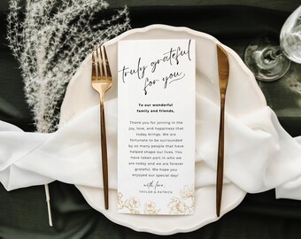 Menü- und Dankeskarten 10 x 23 cm | Hochzeit Dankeskarte | Bearbeitbare Menüvorlage für das Abendessen | Viktorianische Gold Willkommen Tischkarte | Leinwand