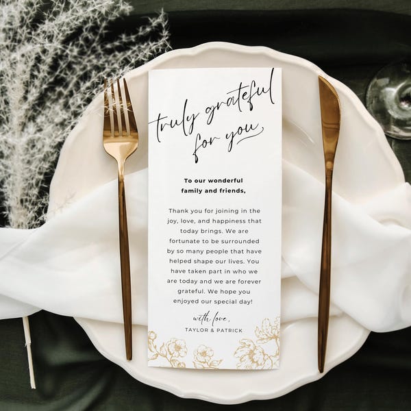 Menu and Thank You Cards 4 x 9 | Wedding Thank You Card | Editable Reception Dinner Menu Template| Victorian Gold Welcome Place Card | Canva
