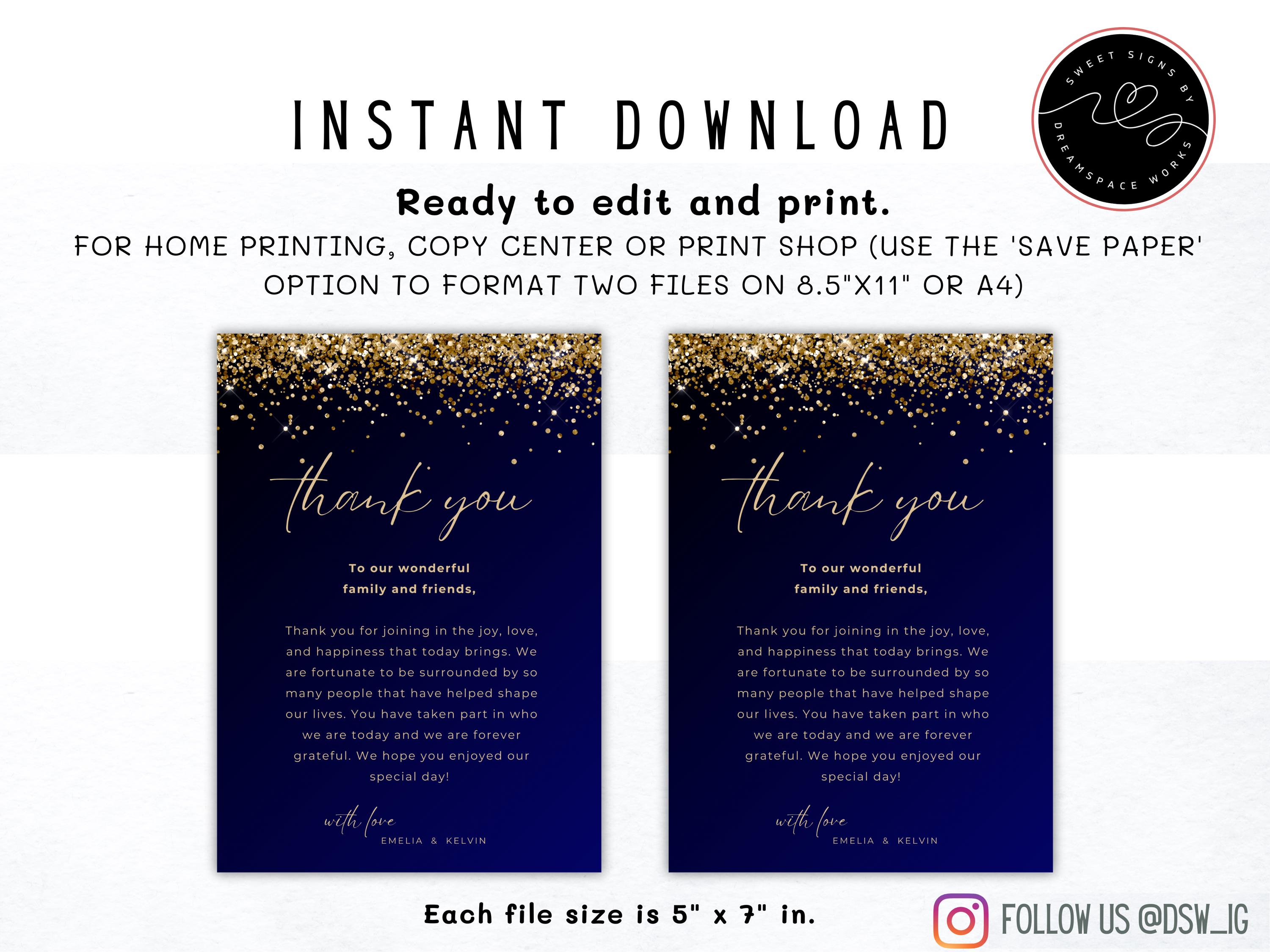 Navy Black Gold Thank You Card Template 5 X 7 | Wedding, Engagement ...