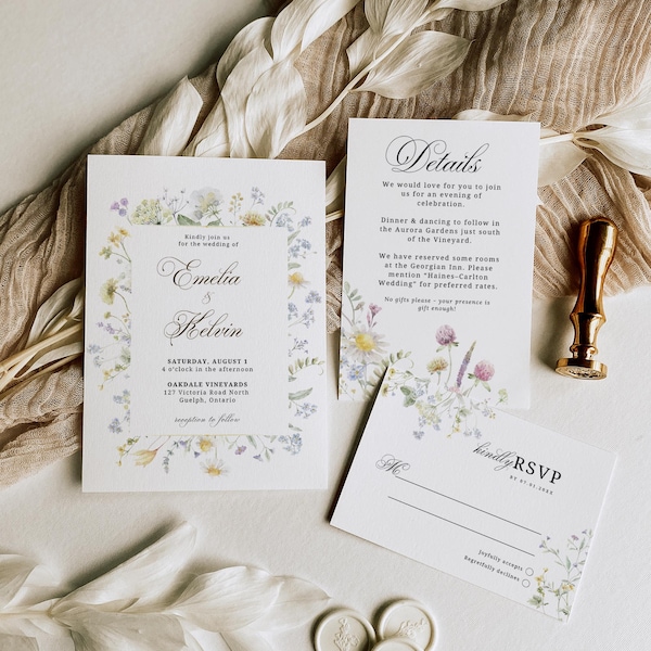 Wildflowers Wedding Invitation Template, Printable Wedding Invitation Suite, Wedding Invite, Gold Border Invitation, Editable File, CANVA V2