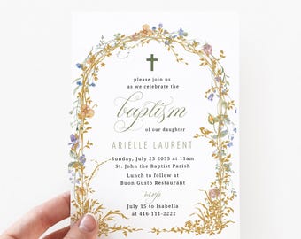 Plantilla de invitación floral dorada para bautizo / Invitación vintage dorada con flores silvestres / Cruz religiosa para bautizo / Descarga instantánea floral (CANVA)