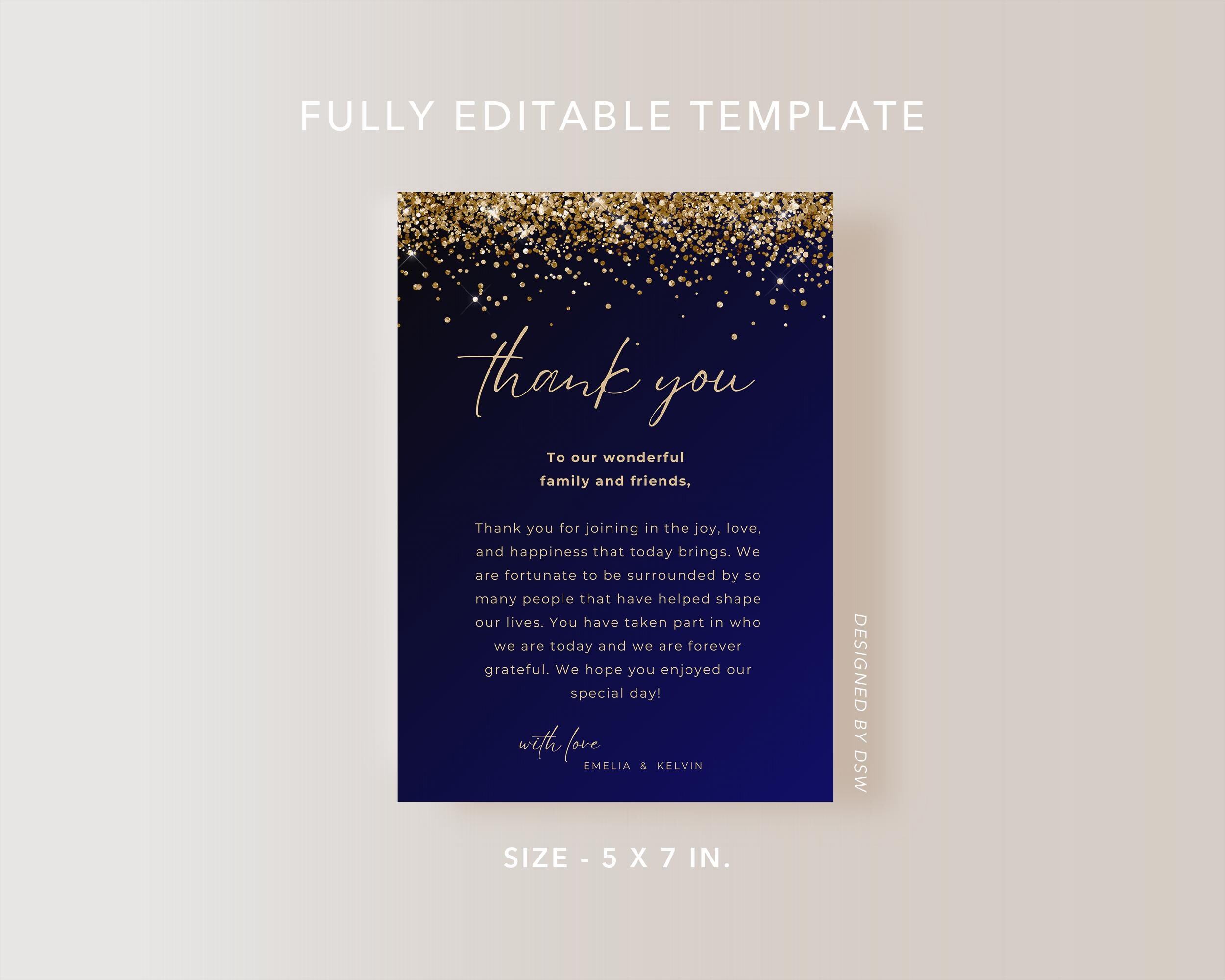 Navy Black Gold Thank You Card Template 5 X 7 | Wedding, Engagement ...