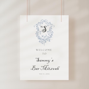Cartello di benvenuto per la festa di Bar Mitzvah con motivo chinoiserie floreale blu / Poster con tema monogramma blu per ragazzi / File stampabile, modificabile, fai da te, scaricabile immediatamente