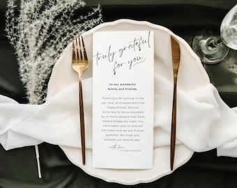 Menü- und Dankeskarten 10 x 23 cm | Hochzeit Dankeskarte | Bearbeitbare Menüvorlage für das Abendessen | Moderne minimalistische Tischkarte | Leinwand