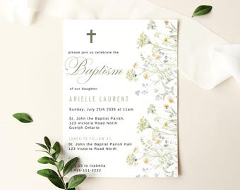 Plantilla de invitación de bautizo con flores silvestres / Invitación con flores silvestres / Cruz religiosa para bautizo y confirmación / Descarga instantánea floral (CANVA V2)