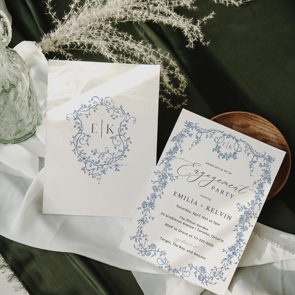 Blue Floral Engagement Party Invitation: Elegant Chinoiserie (DIY Printable)