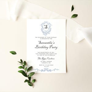 Blau Blumen Chinoiserie Geburtstag Party einladen | Verzaubertes Garten Bridgerton Theme | Printable, Bearbeitbar, DIY, Instant Download File 5 x 7