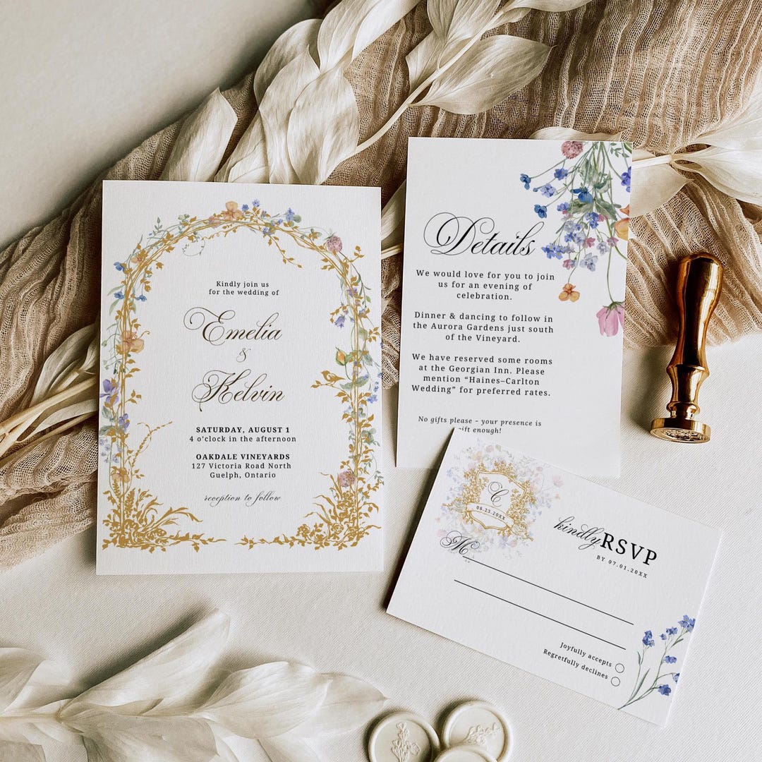 Gold Wedding Invitation Template, Printable Wedding Invitation Suite,  Wildflowers Wedding Invite, Vintage Gold Invitation, Editable, CANVA - Etsy, image size:1080x1080