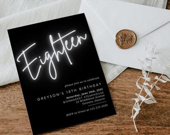 Neon 18th Birthday Invitation: Black & White, Editable Template (Digital Download CANVA 5x7" )