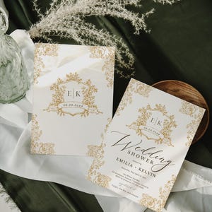 Gold Vintage viktorianische Blumen Polterabend laden ein Elegantes Garten-Thema einladen Druckbar, bearbeitbar, DIY, Instant Download File