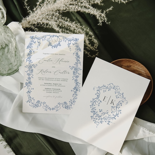Blue Floral Chinoiserie Wedding Invite | Elegant Garden Enchanted Theme Invitation | Printable, Editable, DIY, Instant Download File, CANVA
