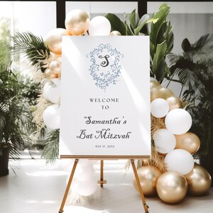 Cartello di benvenuto per la festa di Bat Mitzvah con motivo chinoiserie floreale blu / Poster con tema monogramma blu per bambina / File stampabile, modificabile, fai da te, scaricabile immediatamente