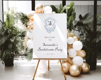 Blue Floral Chinoiserie Bachelorette Party Welcome Sign | Hen Party Monogram Blue Poster | Printable, Editable, DIY, Instant Download File