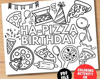 Målarbild för pizzafödelsedag, målarbild, utskrivbar målarbild, personlig aktivitet för barn, pizzatemafest, italiensk pizza