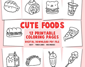 Foods Coloring Pages  Easy Cute Kids Book Simple Printable Digital for Relaxation Hobby Activities Pizza Burger Sushi Corndog Taco Nuggets
