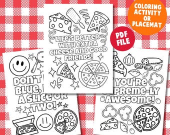 Målarbild för pizzapartypaket, målarbild, utskrivbar målarbild, bordsunderläggsaktivitet, pizzatema, citat om italiensk pizza