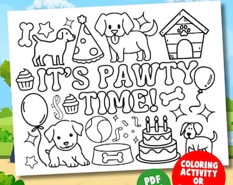 It's Pawty Time Birthday Coloring Page, Coloring Page, Printable Coloring Page, Personalized Activity for Kids, Dog Themed Birthday