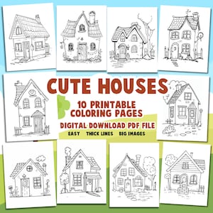 Casas para colorear Libro Fácil Lindo Imprimible Adultos Niños Digital para relajación Actividades de pasatiempos Dibujos animados Casa caprichosa Hogar