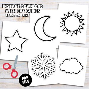 Puede incluir: Una hoja digital imprimible con contornos en blanco y negro de una estrella, una luna creciente, un sol, un copo de nieve y una nube, cada uno con una línea de corte punteada. El texto dice INSTANT DOWNLOAD WITH CUT GUIDES READY TO PRINT y PDF FILE.