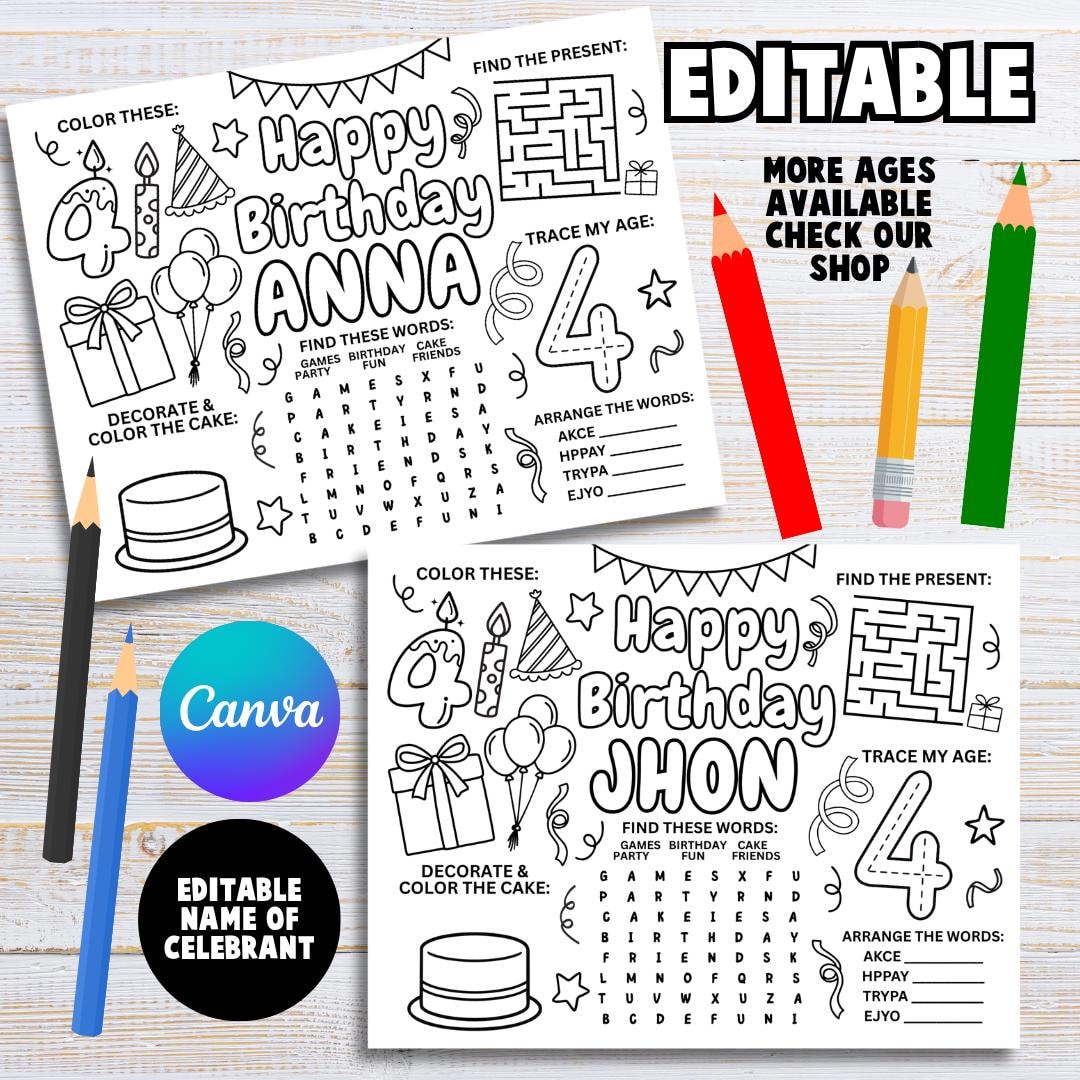 Custom 4th Happy Birthday Coloring Placemat, Printable Coloring Page ...