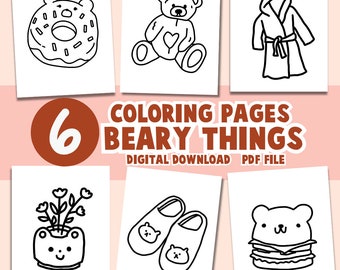 Beary Things Coloring Book Pages Bear Teddy Theme Easy Kawaii Retro Adult Teens Printable Digital Download Relaxing by Hanis Coloring Corner