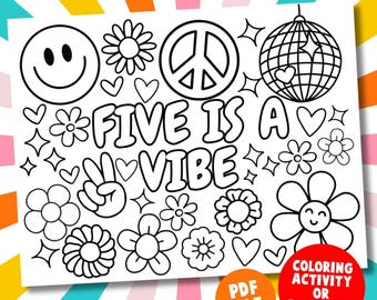 Five Is a Vibe Coloring Page, Printable Birthday Coloring Page, Birthday Activity, Retro Birthday Coloring Pages, 5th Birthday, Retro Groovy