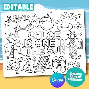 Custom Name One in the Sun Birthday Coloring Page, Printable Coloring Page, Personalized Activity for Kids, Beach Birthday, Pool Summer