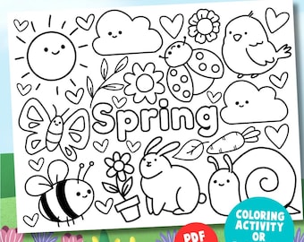 Spring Coloring Page, Spring Coloring Sheet, Kawaii Coloring Page, Spring Activity, Spring Coloring Placemat, Digital, Instant Download