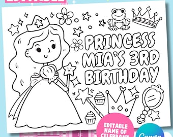 Pagina da colorare personalizzata per il terzo compleanno a tema principessa, stampabile e personalizzabile, attività personalizzata per bambini, compleanno a tema principessa
