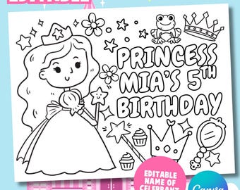 Pagina da colorare personalizzata per il 5° compleanno a tema principessa, stampabile e personalizzabile, attività personalizzata per bambini, compleanno a tema principessa