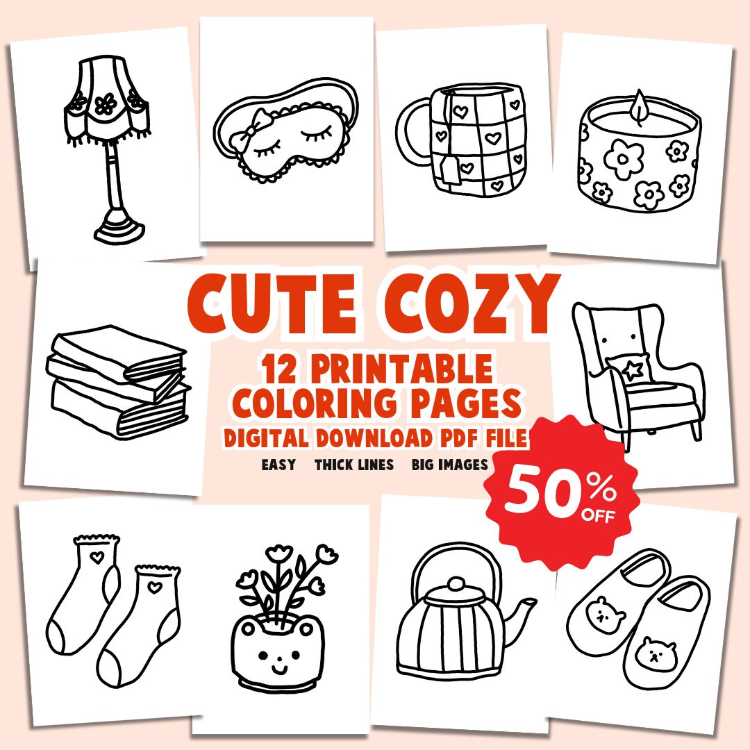 Cozy Coloring Pages Easy Cute Adult Kids Book Simple Printable Digital ...