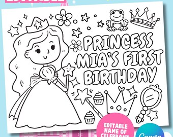 Pagina da colorare personalizzata per il primo compleanno a tema principessa, stampabile e personalizzabile, attività personalizzata per bambini, compleanno a tema principessa