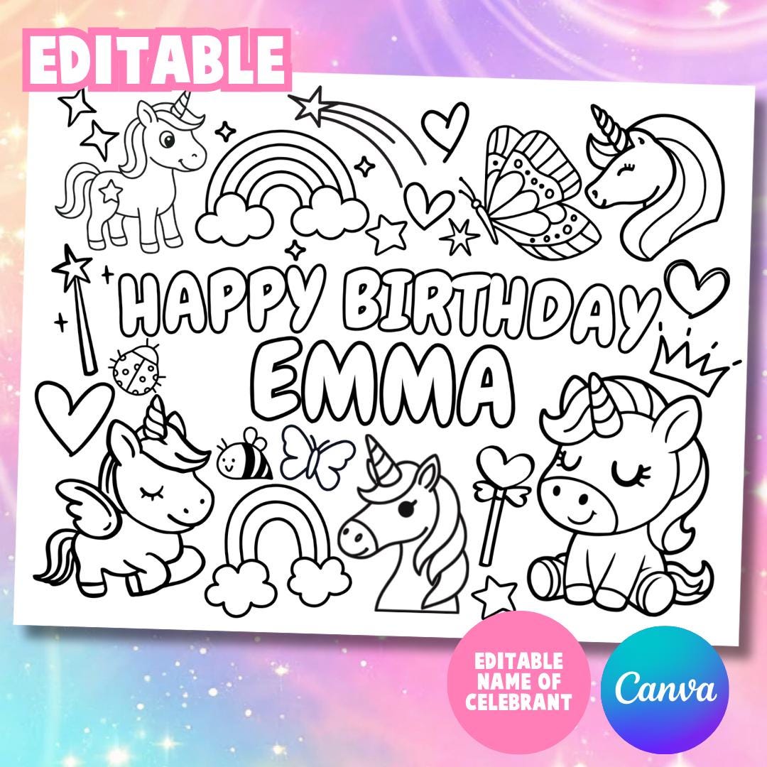 Custom Name Unicorn Birthday Coloring Page, Printable Coloring Page ...