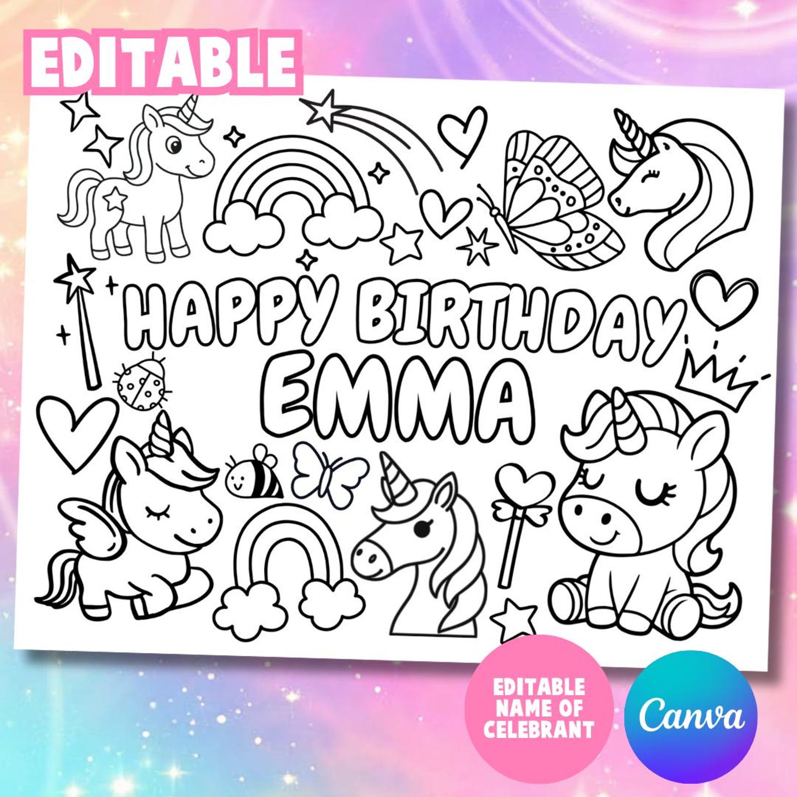 Custom Name Unicorn Birthday Coloring Page, Printable Coloring Page ...